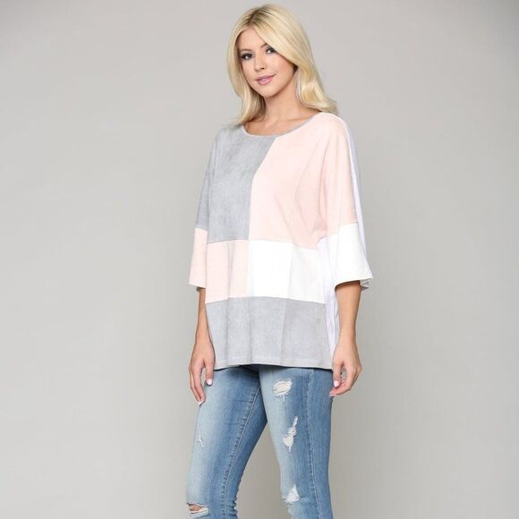 NEW NWT Joh Abigail Short Sleeve Grey Pink White Faux Suede Colorblock Top - Picture 2 of 11